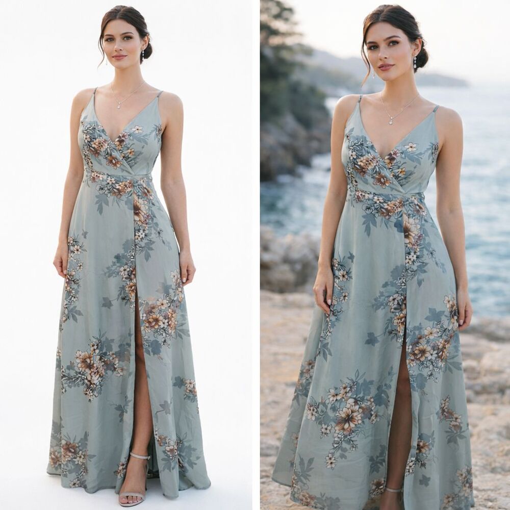 Iris Floral Maxi Dress Womens Sz L Blue Green Wrap Style Sleeveless NO TIE BELT